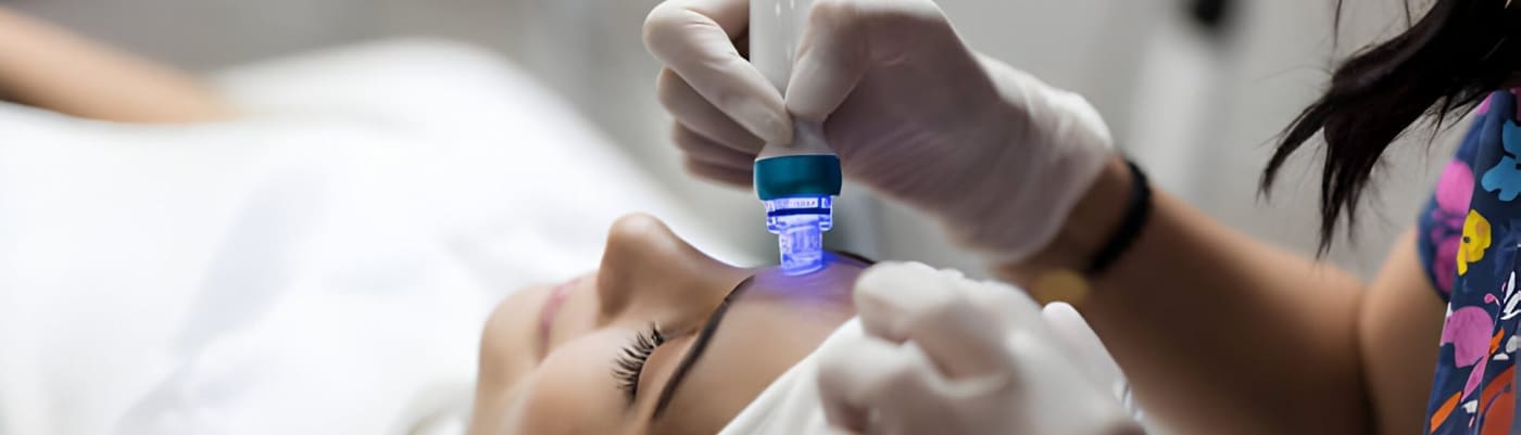 LED-lit micro-needling handpiece gliding over the forehead — advanced skin technology at Sugilite