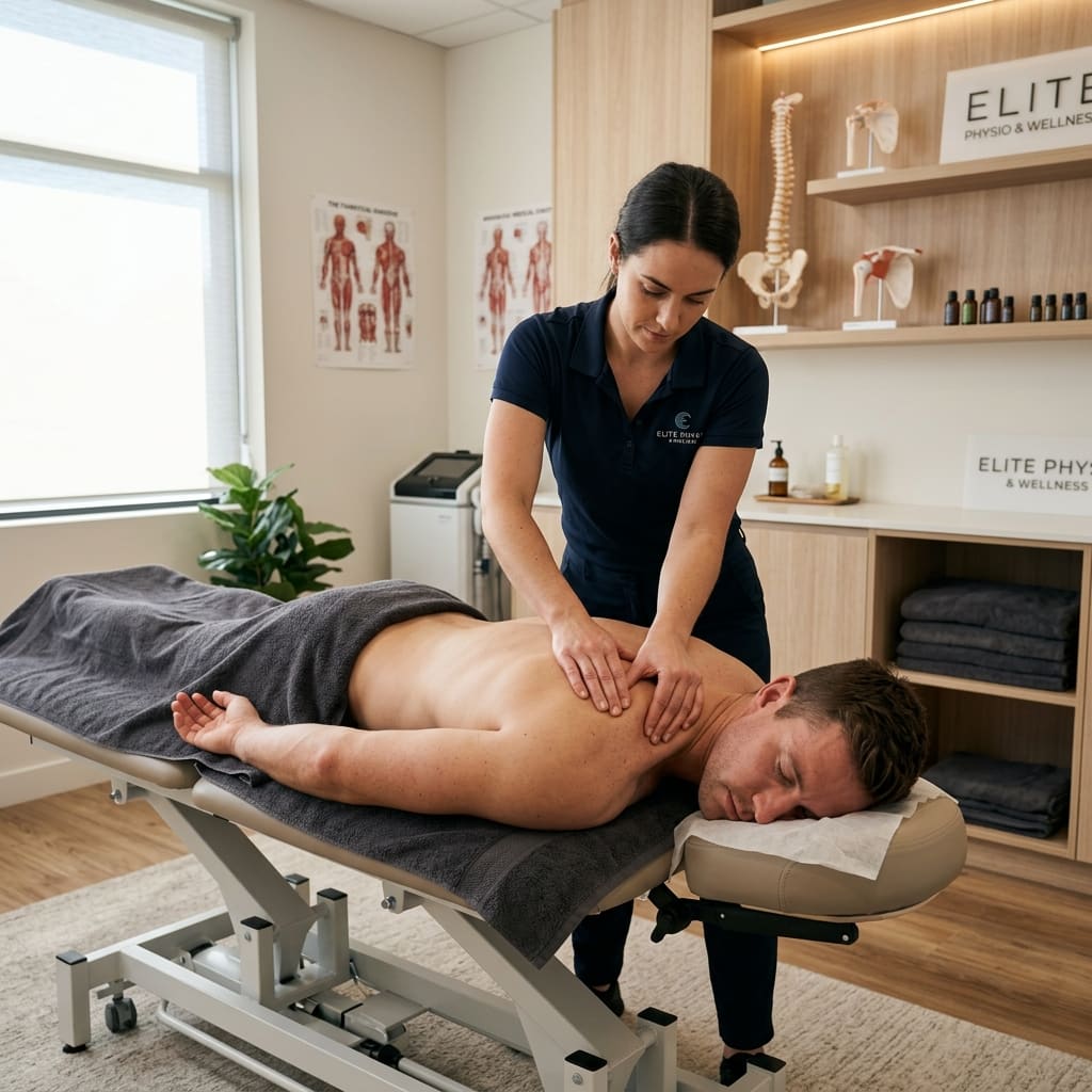 A clinical physiotherapist performing expert sports massage and structural rehab on a client's back in a premium wellness clinic